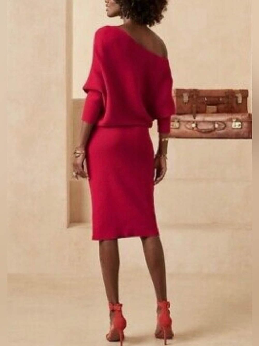 Banana Republic Off The Shoulder Red Sweater Dress Size Large - Picture 2 of 7